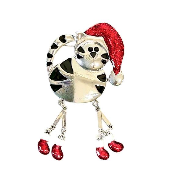 VTG Signed Christmas Cat Santa Kitty Brooch Pin Silver Dangling Legs Green Eyes - Picture 3 of 4